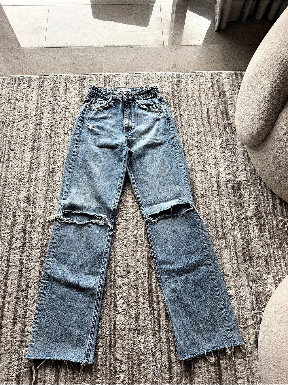 Zara TRF High-Rise Wide-Leg Ripped Jeans Blue